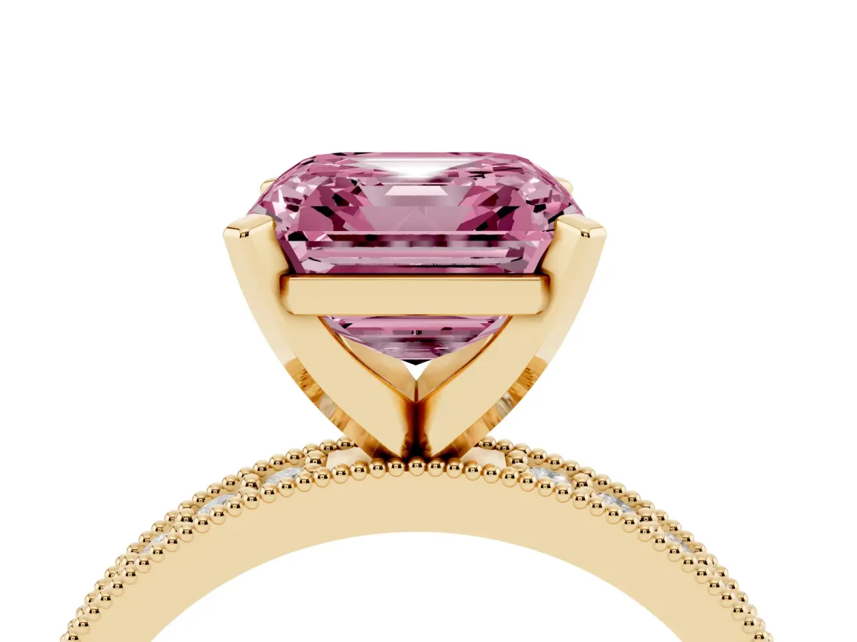 Fancy Pink Asscher Cut Diamond Milgrain Pavé Engagement Ring with Four-Prong Setting Yellow gold