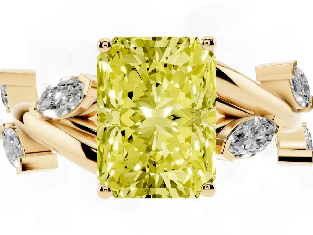 Fancy Yellow Radiant Cut Solitaire Twisted Band Marquise Accent Prong Setting Ring Yellow gold
