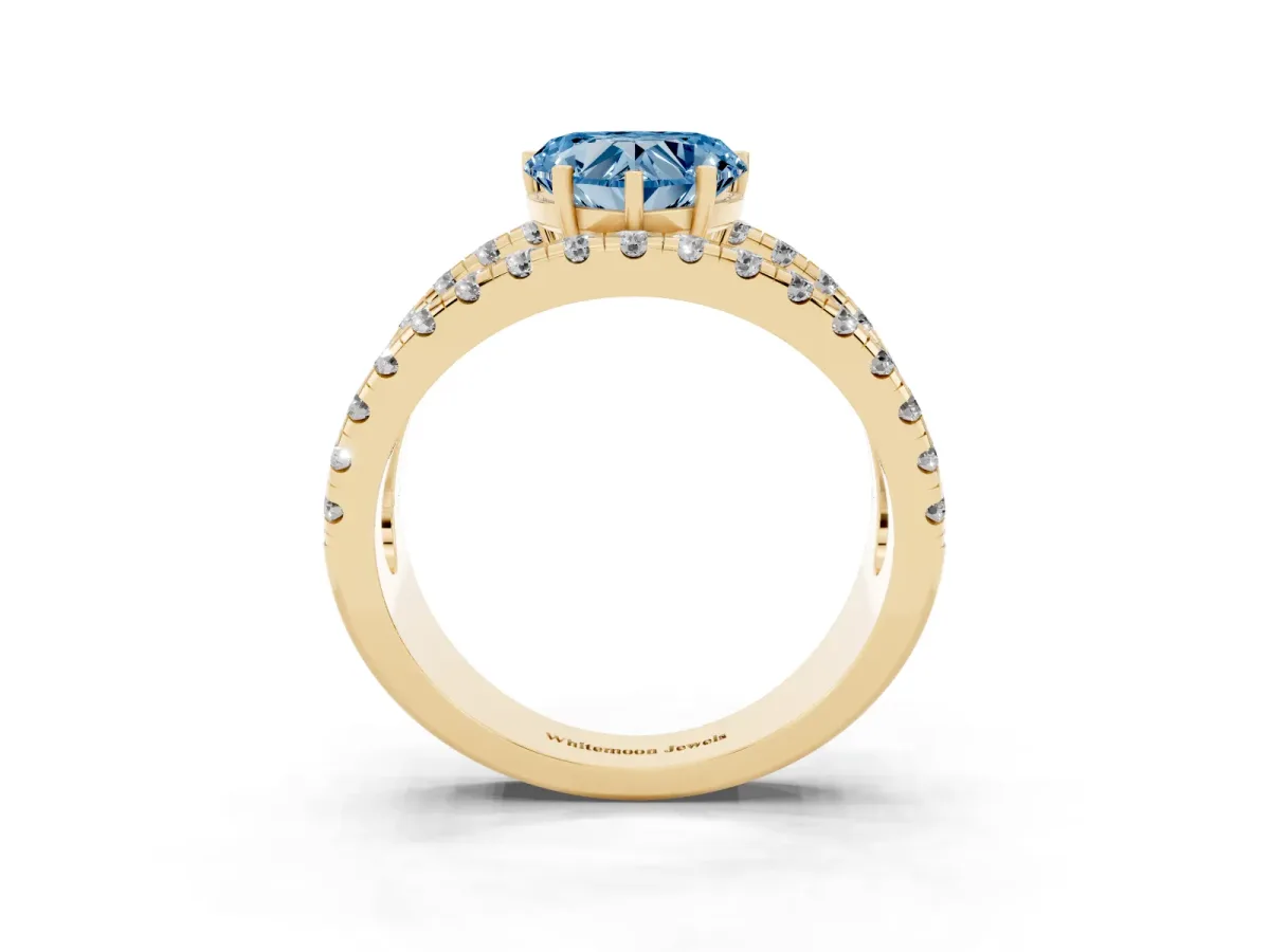 Fancy Blue Heart Cut Solitaire Split Shank Pave Diamond Ring Yellow gold