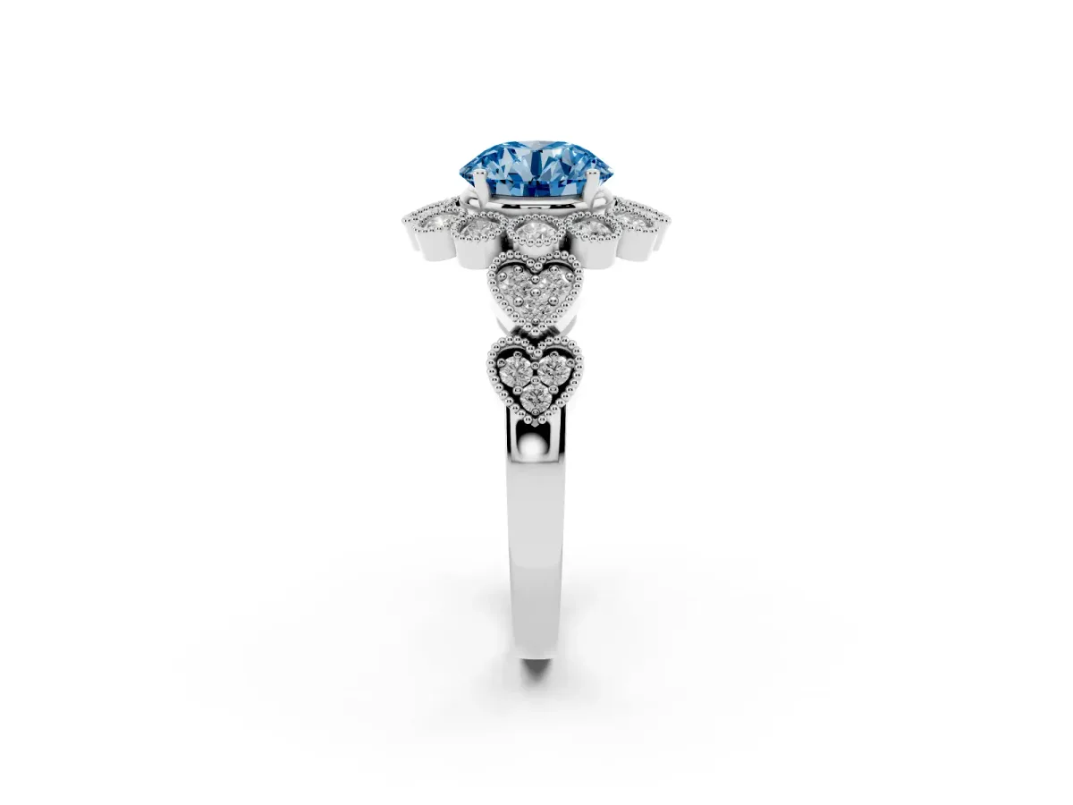 Fancy Blue Round Cut Brilliant Milgrain Pave Heart Band Solitaire Ring Silver