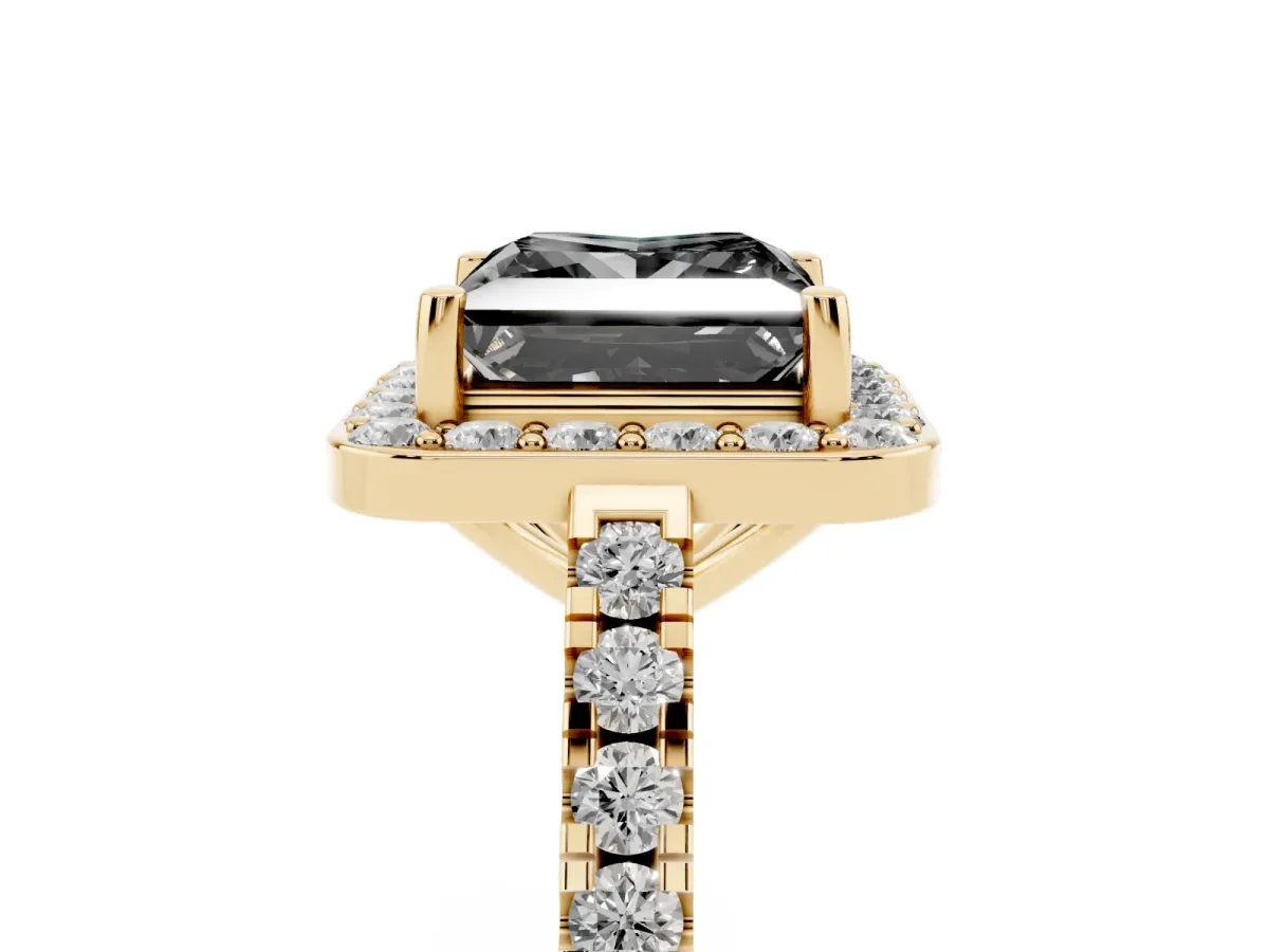 Fancy Black Princess Cut Diamond Halo Ring with Round Pavé Split Shank and Prong Setting Yellow gold