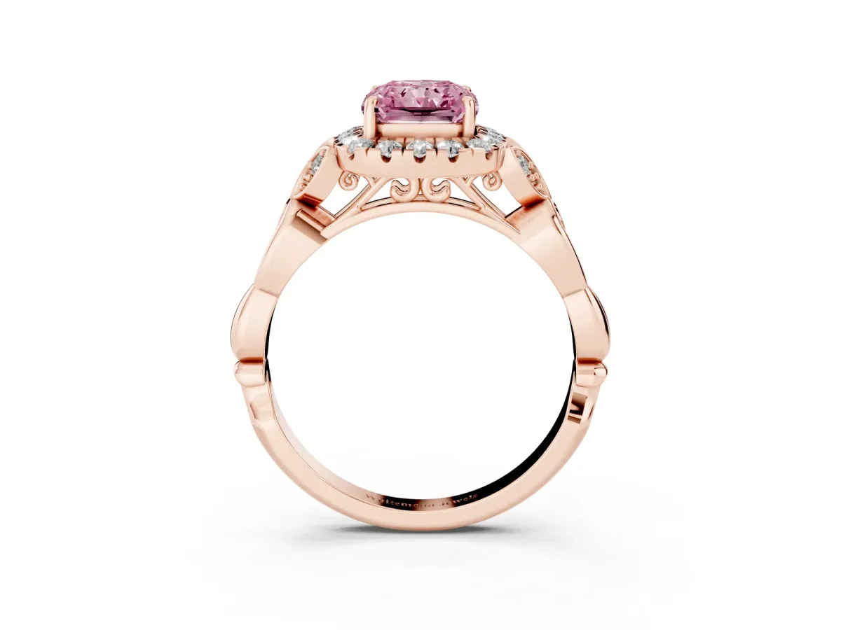Fancy Pink Radiant Cut Halo Diamond Engagement Ring with Vintage-Inspired Band and Four-Prong Setting Rose gold