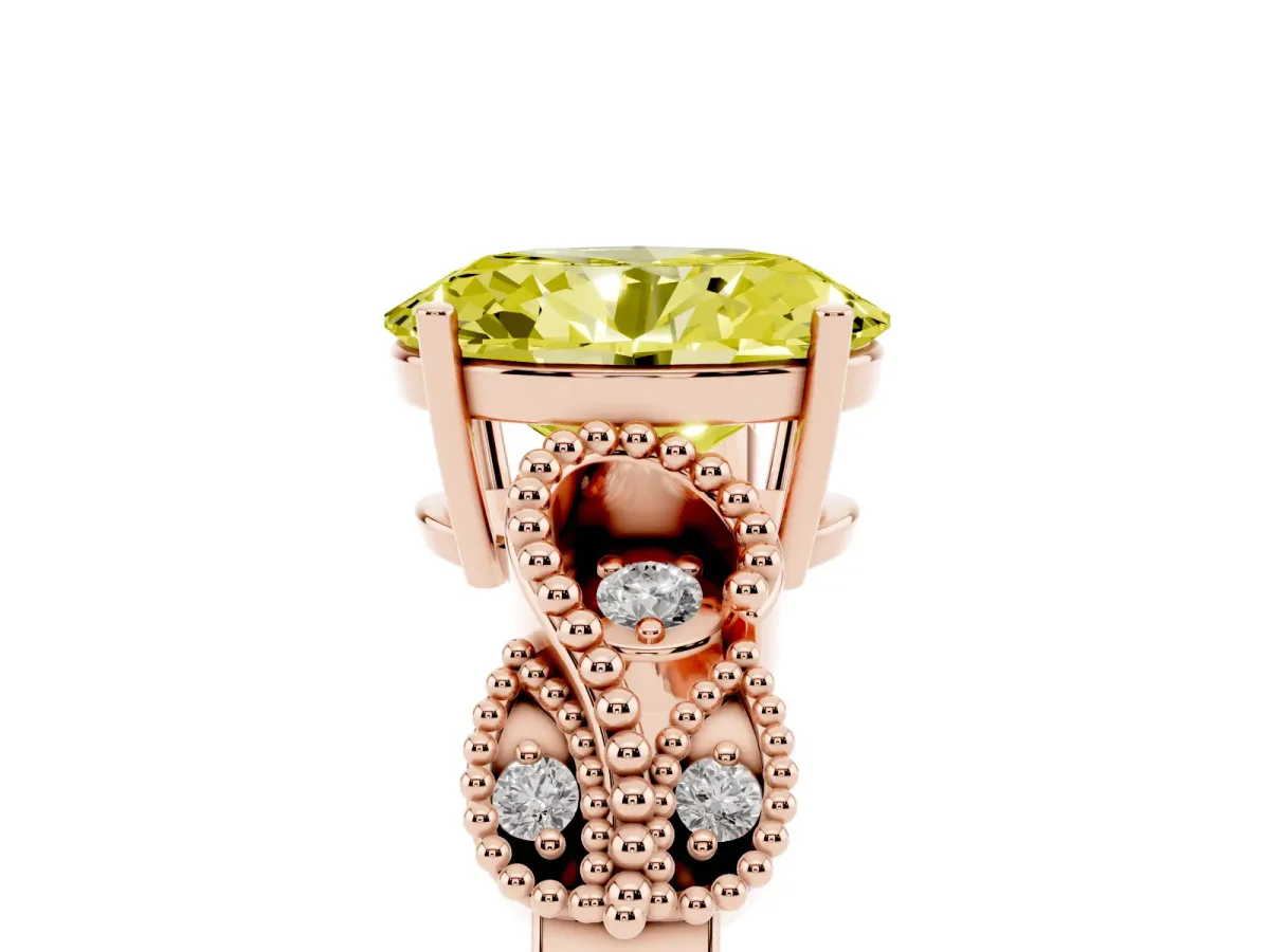Fancy Yellow Oval Cut Solitaire Milgrain Leaf Band with Prong Setting Rose gold