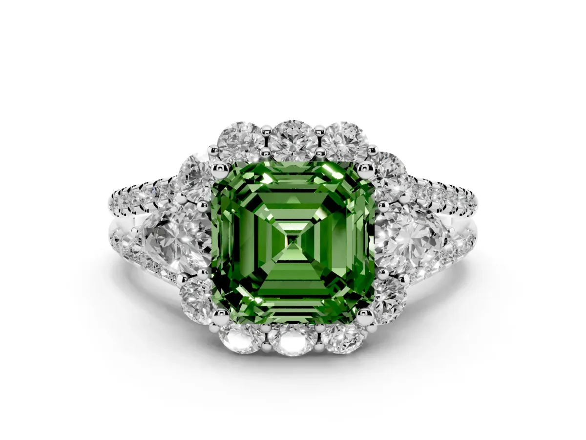 Fancy Green Asscher Cut Halo Split Shank Diamond Engagement Ring with Prong Setting Silver
