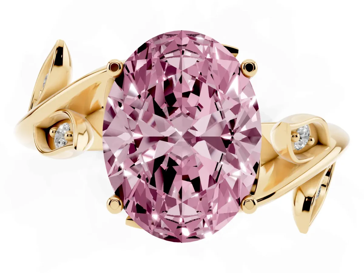 Fancy Pink Oval Cut Solitaire Twist Engagement Ring with Leaf Accents and Prong Setting Yellow gold