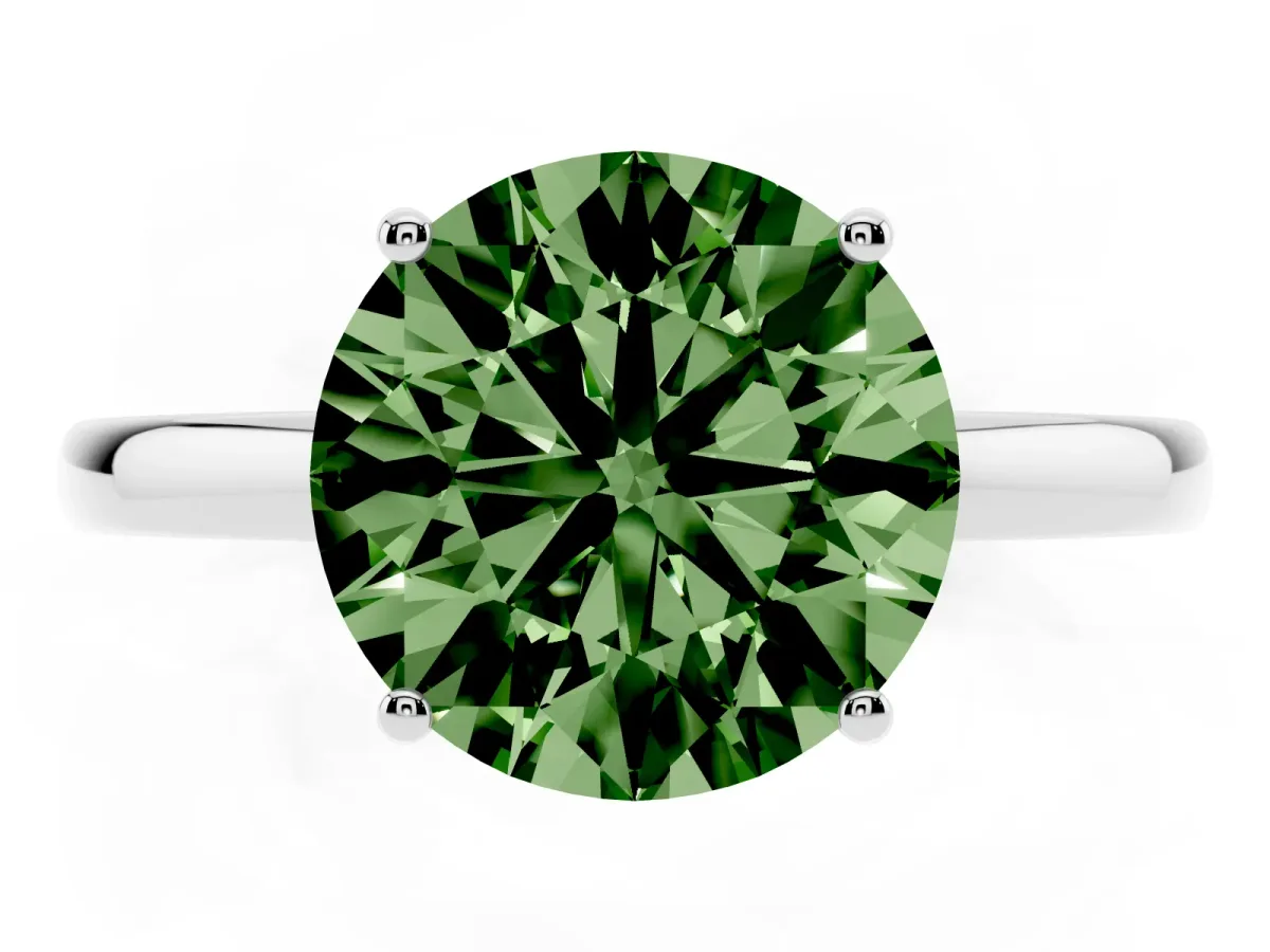 Fancy Green Round Cut Solitaire Diamond Ring with Prong Setting and Plain Band Silver