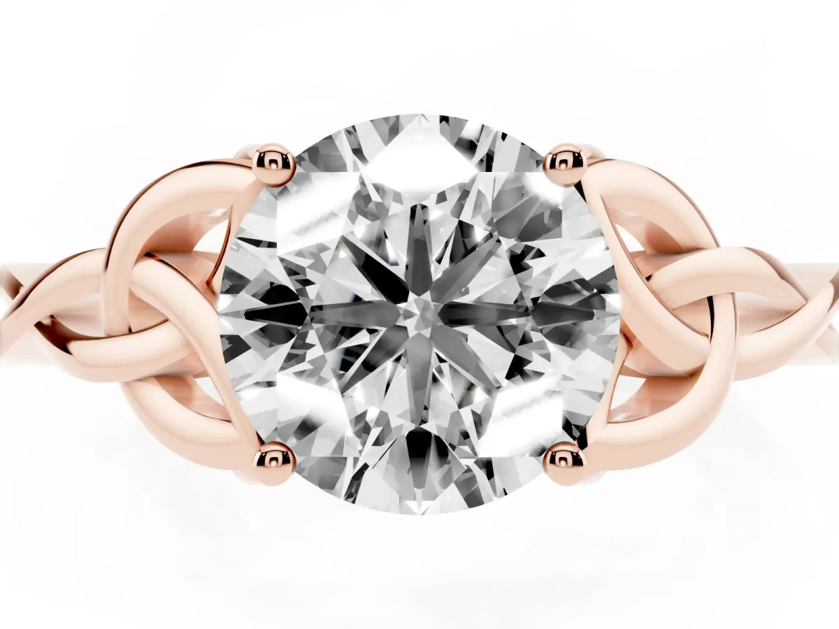 Round Cut Diamond Solitaire Engagement Ring with Celtic Knot Band and Four-Prong Setting Rose gold