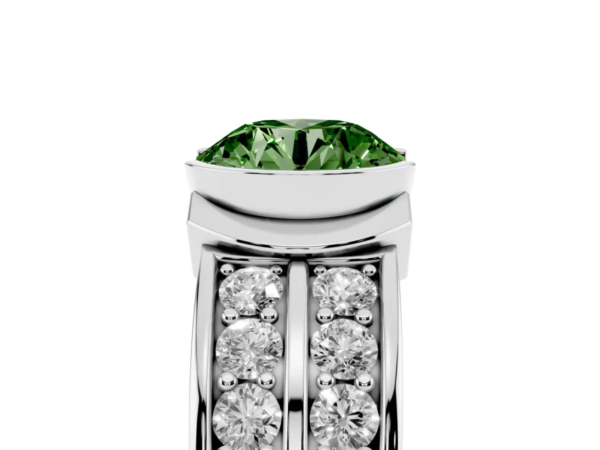 Fancy Green Round Cut Brilliant Diamond Channel Set Wide Band Ring with Bezel Setting Platinum