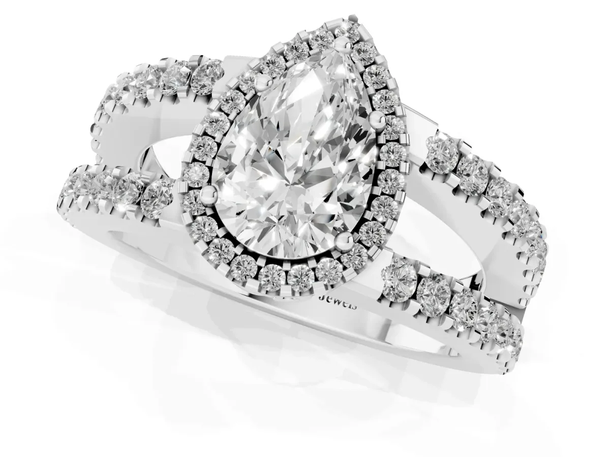 Pear Cut Cut Halo Split Shank Diamond Ring with Four-Prong Setting Platinum
