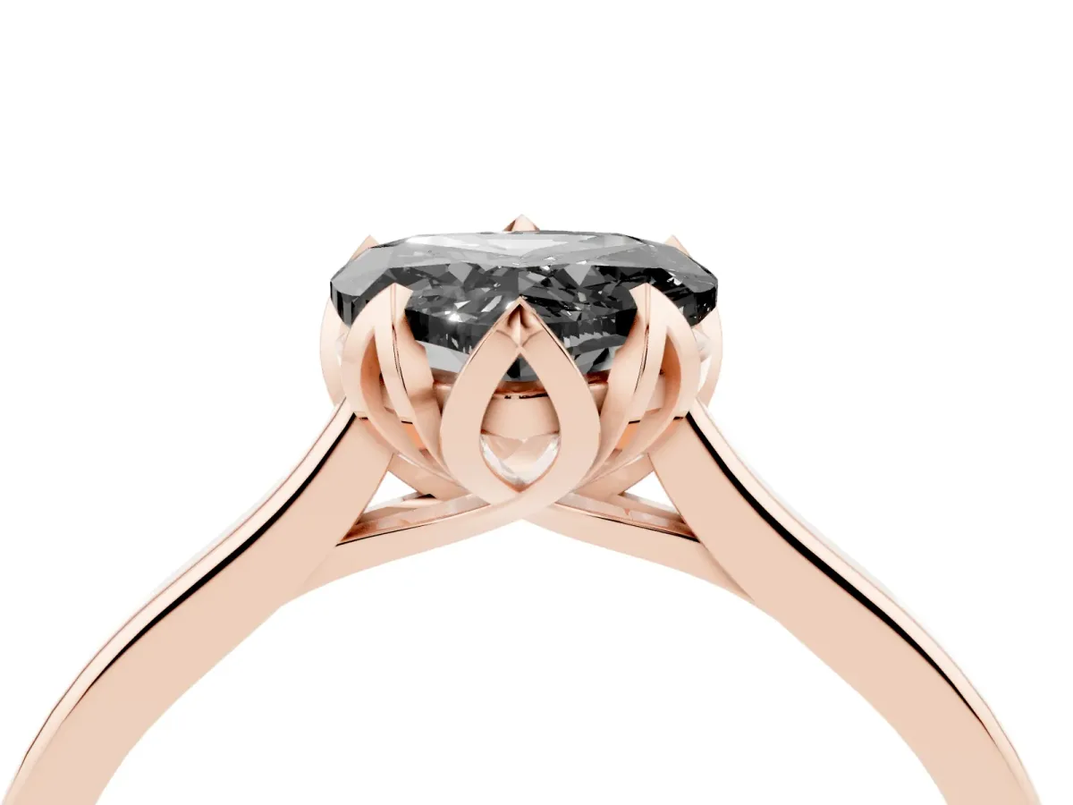 Fancy Black Heart Cut Diamond Solitaire Ring with Flower Prong Setting and Classic Band Rose gold