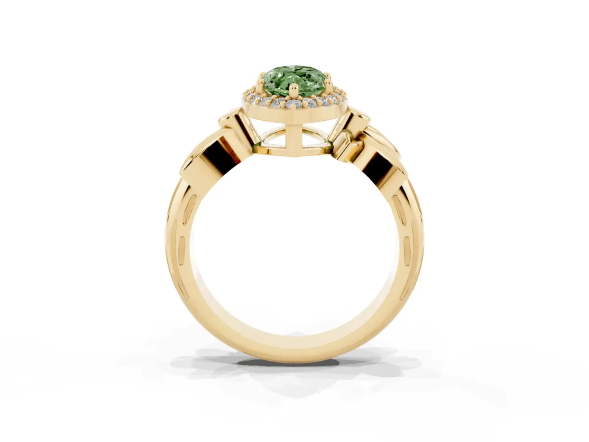 Fancy Green Marquise Cut Halo Diamond Floral Band with Four-Prong Setting Yellow gold