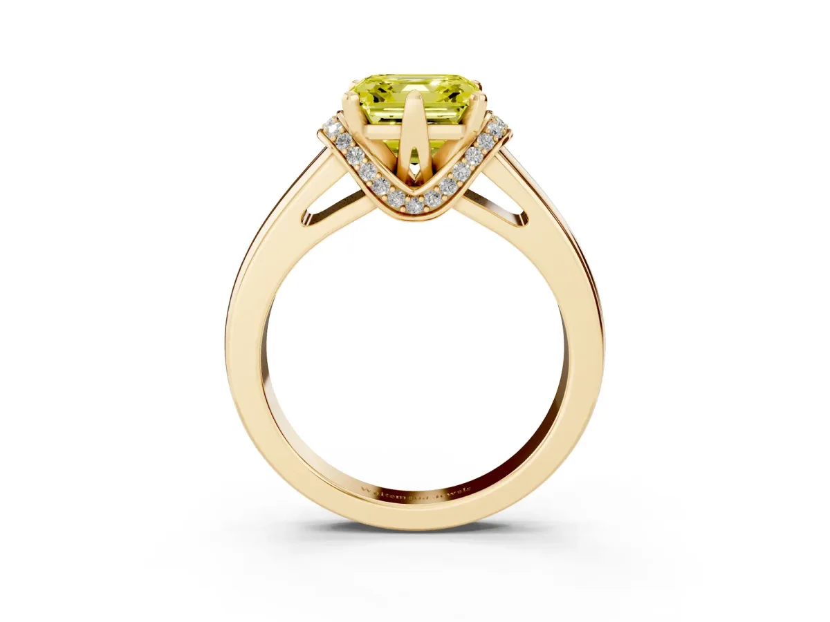 Fancy Yellow Asscher Cut Solitaire Diamond Ring with Pave Band and Six-Prong Setting Yellow gold