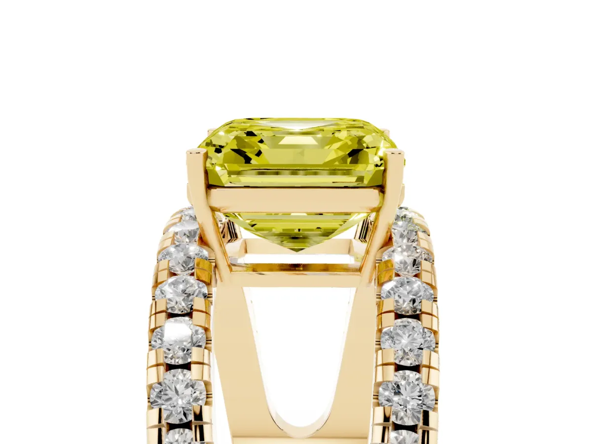 Fancy Yellow Asscher Cut Solitaire Split Shank Pave Diamond Ring Yellow gold
