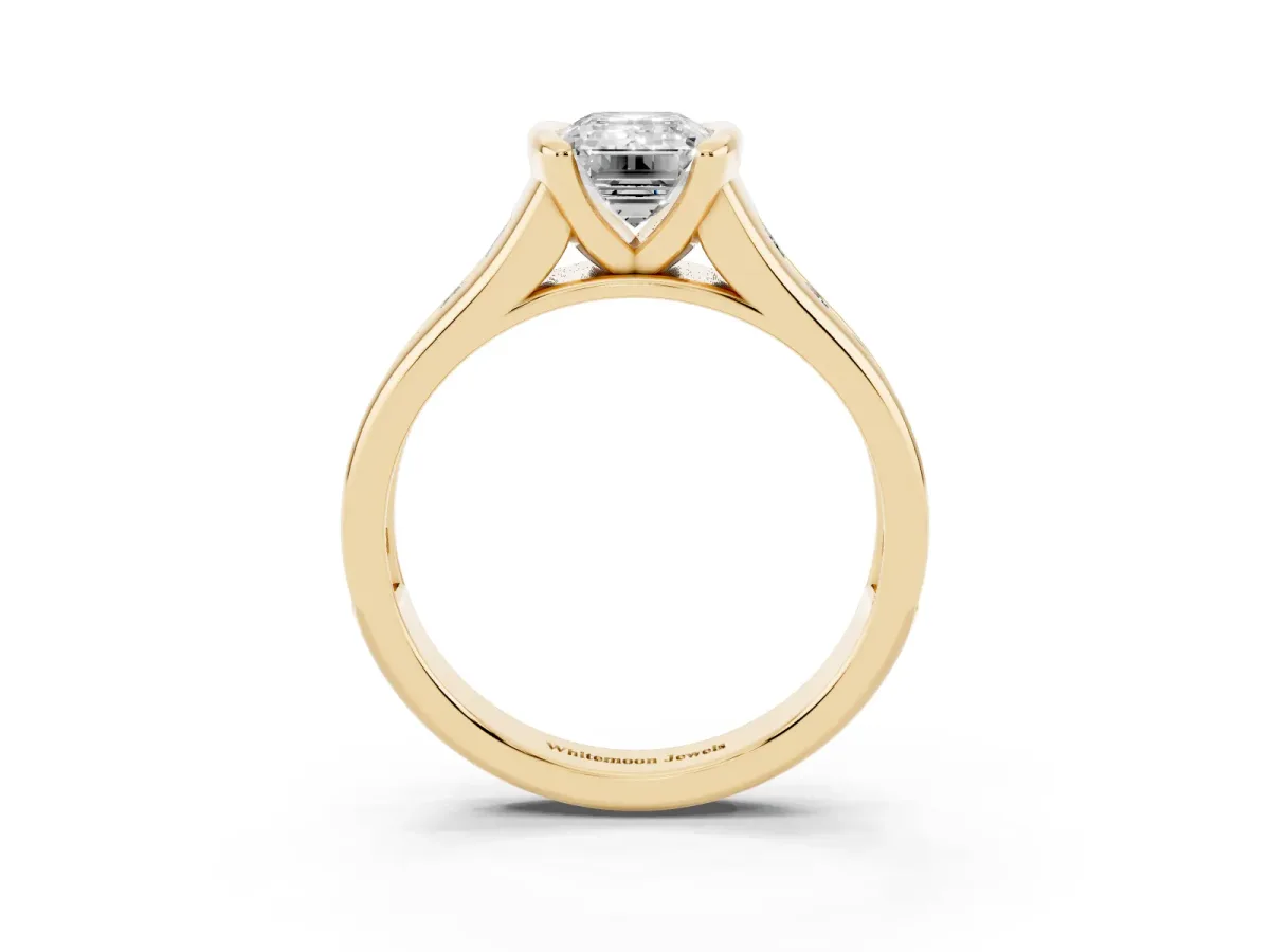 Emerald Cut Solitaire Bezel-Set Diamond Ring with Channel-Set Band Yellow gold