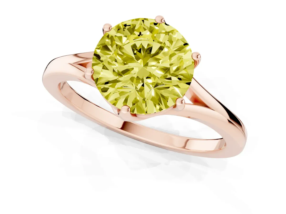 Fancy Yellow Round Cut Solitaire Diamond Ring with Six-Prong Setting and Tapered Band Rose gold