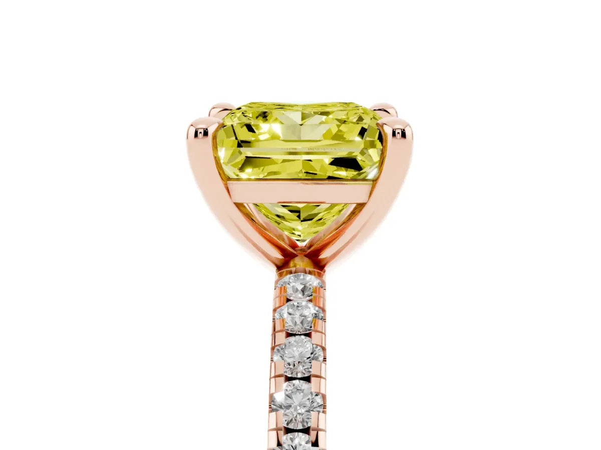 Fancy Yellow Princess Cut Diamond Brilliant Solitaire Ring with Pavé Band and Four-Prong Setting Rose gold