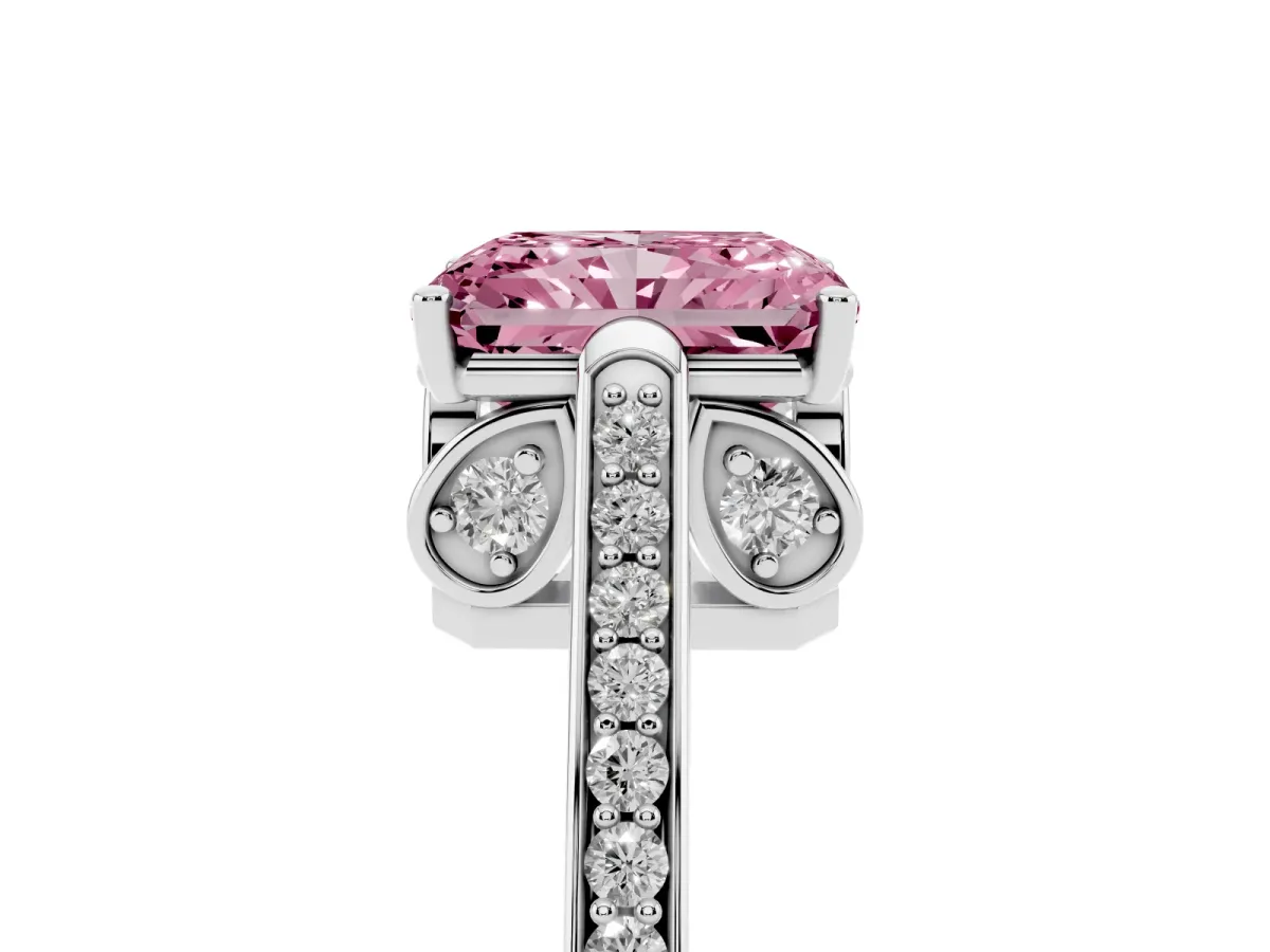 Fancy Pink Radiant Cut Cut Cathedral Pave Diamond Engagement Ring with Six-Prong Setting Platinum