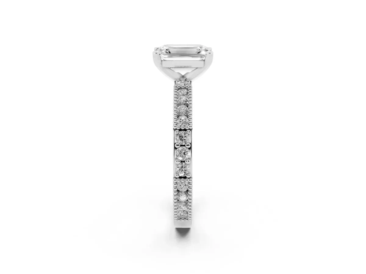 Emerald Cut Solitaire with Pavé Band and Four-Prong Setting Silver