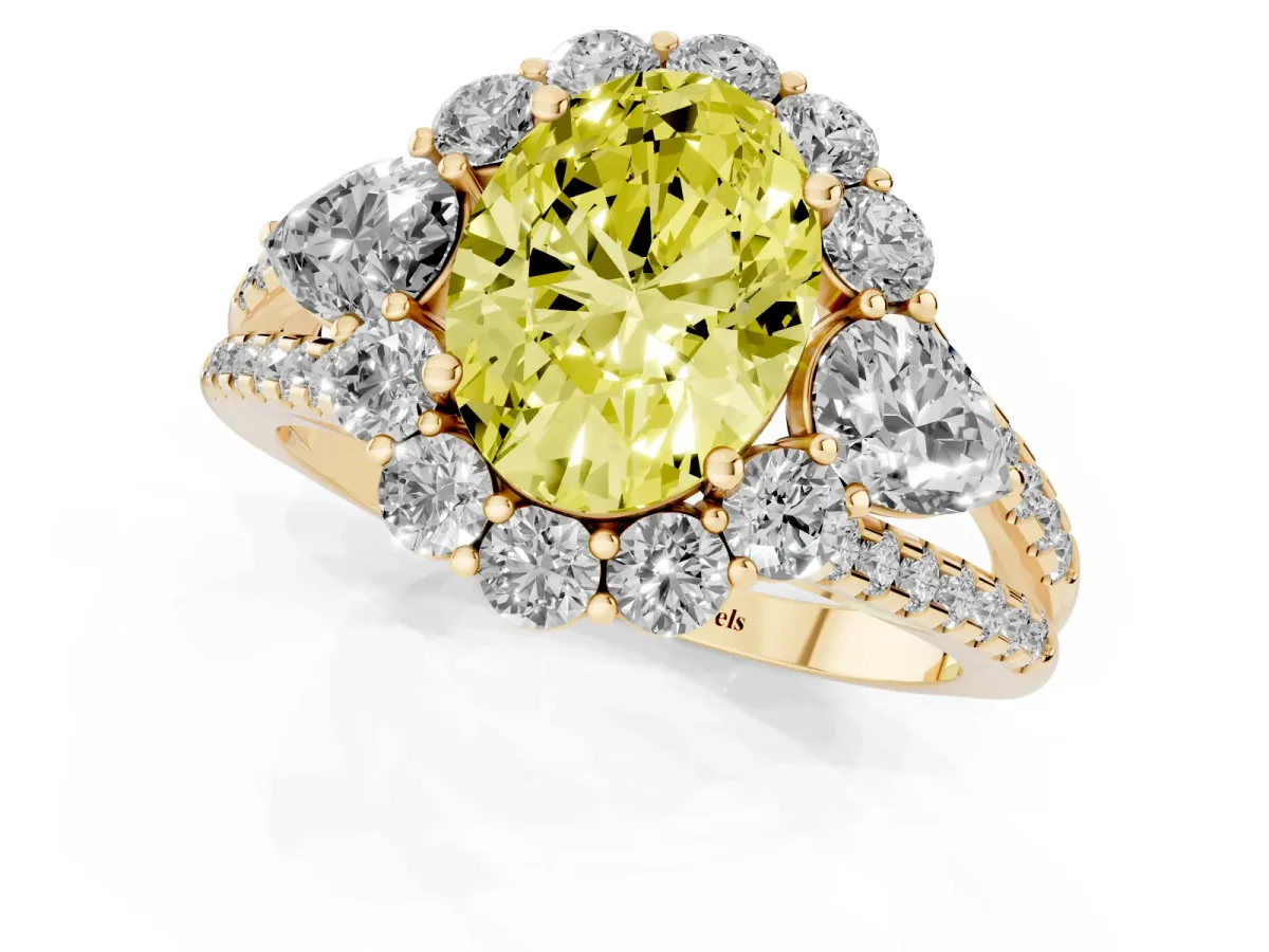 Fancy Yellow Oval Cut Halo Split Shank Diamond Engagement Ring with Prong Setting Yellow gold