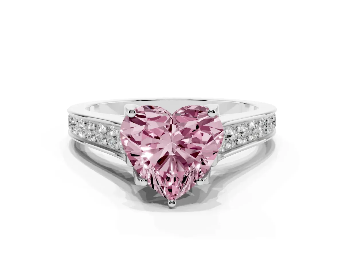 Fancy Pink Heart Cut Brilliant Cut Diamond Engagement Ring with Pavé Band and Four-Prong Setting White gold