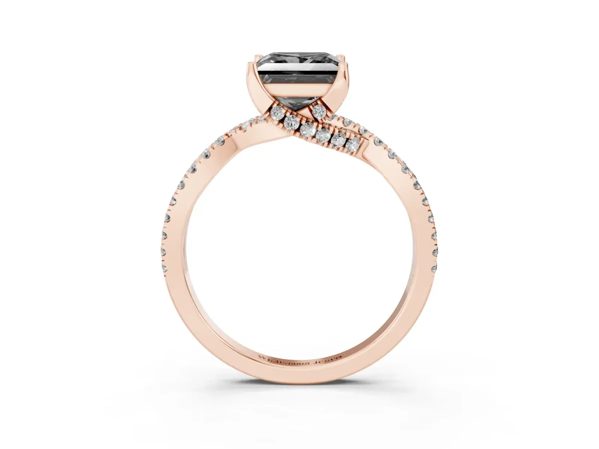 Fancy Black Princess Cut Solitaire Twist Pave Diamond Engagement Ring with Prong Setting Rose gold