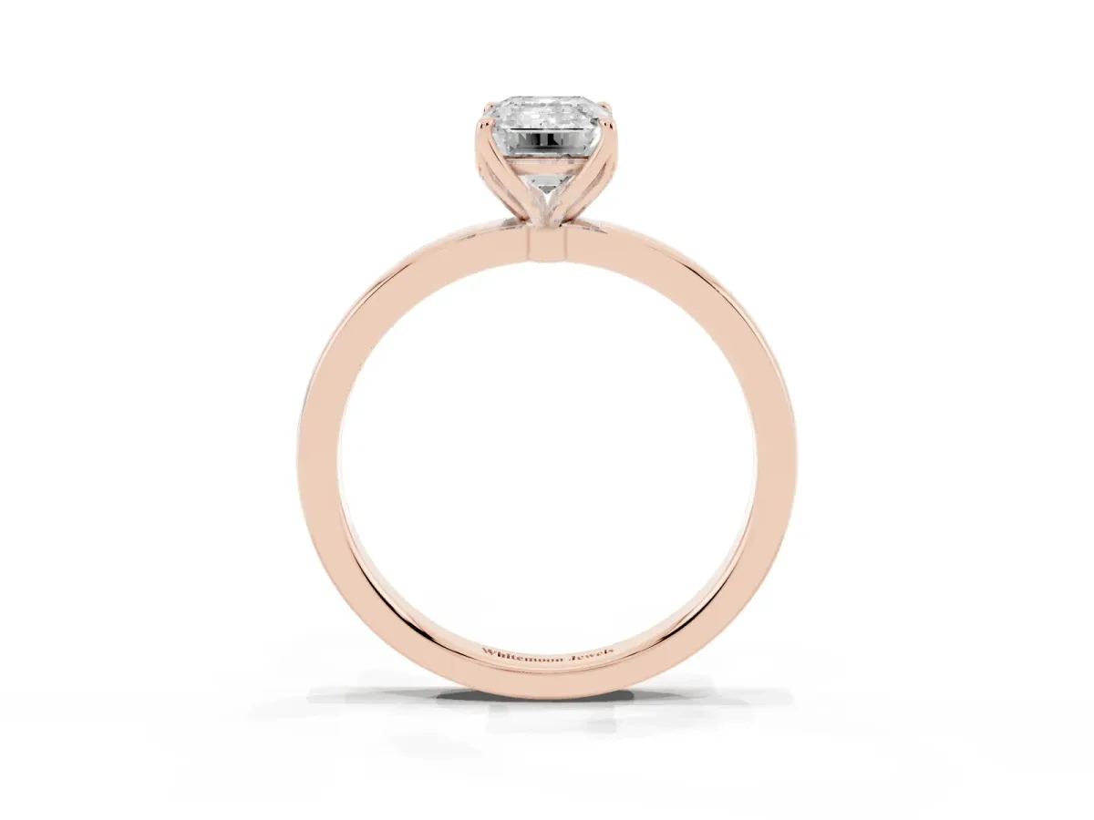 Emerald Cut Diamond Solitaire Ring with Thin Band and Prong Setting Rose gold