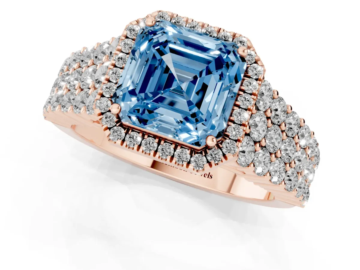 Fancy Blue Asscher Cut Diamond Halo Engagement Ring with Triple Row Round Pavé Band and Prong Setting Rose gold