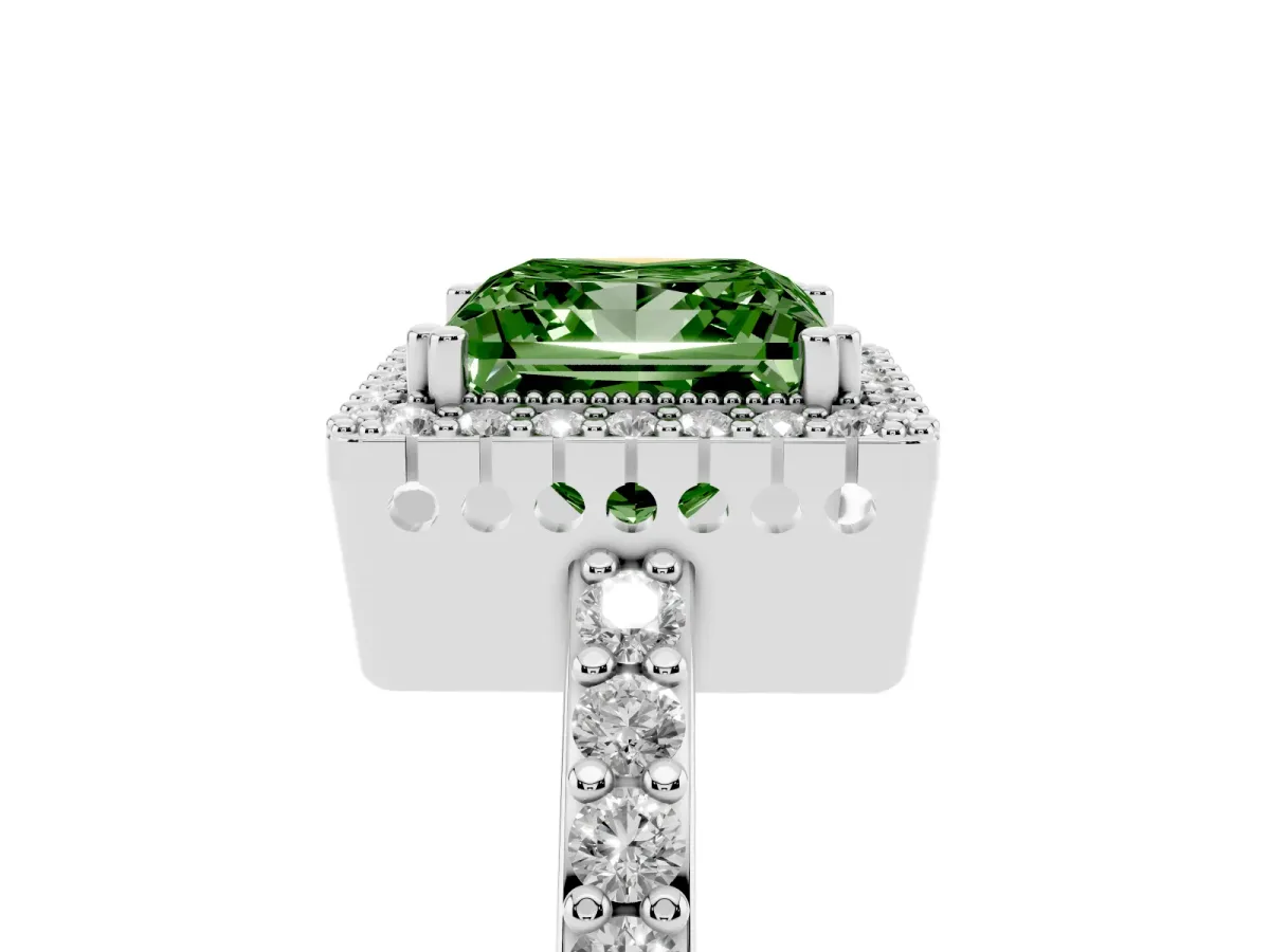 Fancy Green Princess Cut Cut Diamond Halo Engagement Ring with Milgrain Detail and Pavé Band Platinum