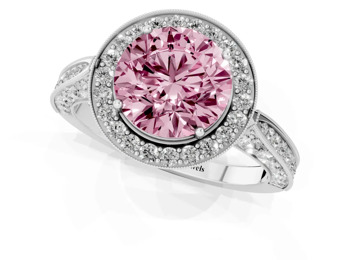 Fancy Pink Round Cut Halo Diamond Engagement Ring with Split Shank Band and Four-Prong Setting Silver