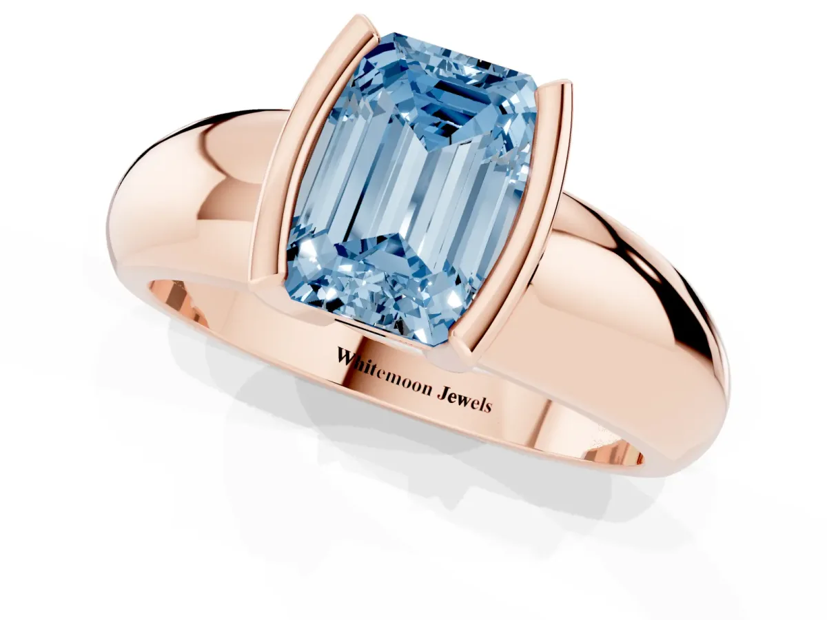 Fancy Blue Emerald Cut Solitaire Tension Set Diamond Ring with Wide Band Rose gold
