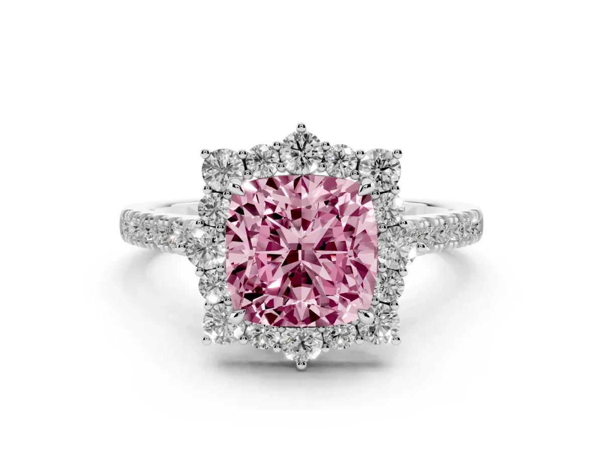 Fancy Pink Cushion Cut Halo Diamond Ring with Pavé Band and Prong Setting Silver