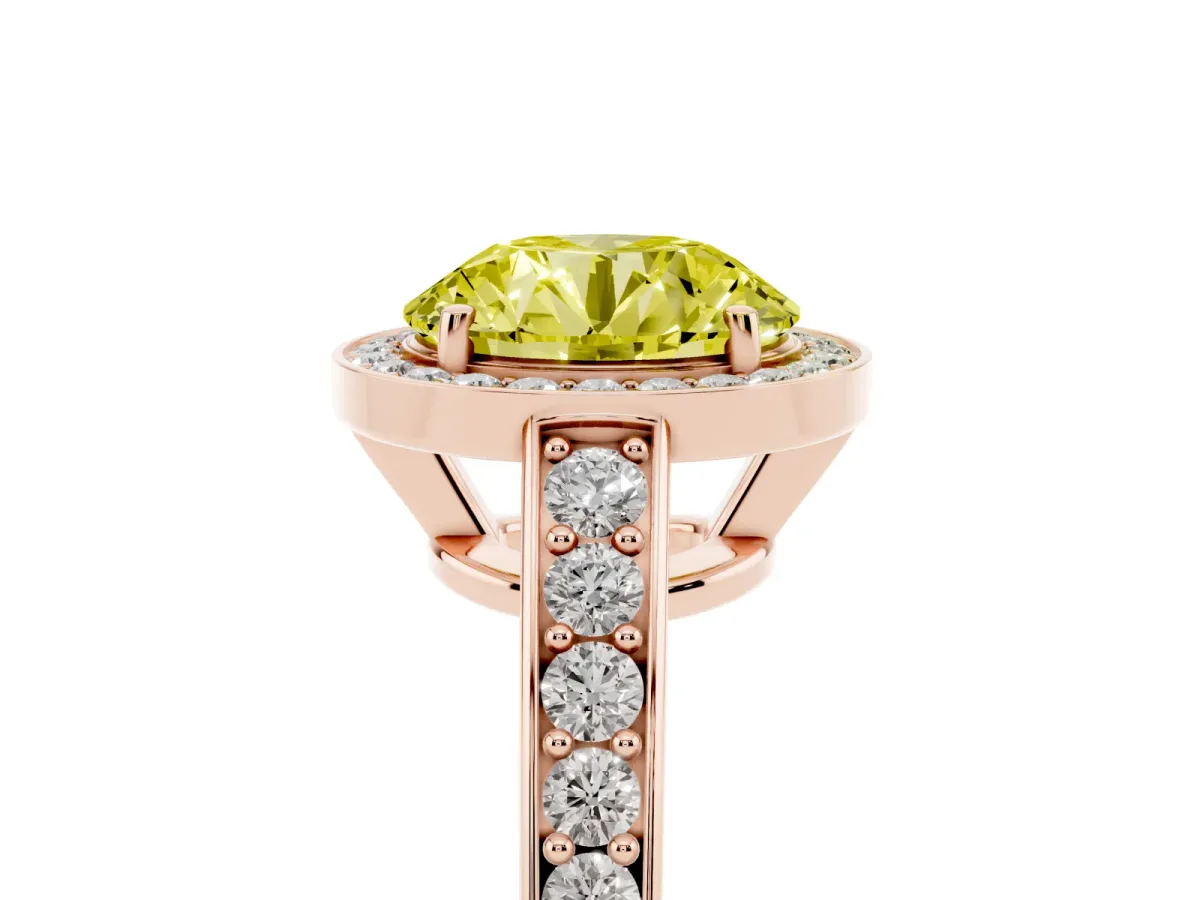 Fancy Yellow Round Cut Halo Pavé Diamond Engagement Ring with Bezel Setting Rose gold