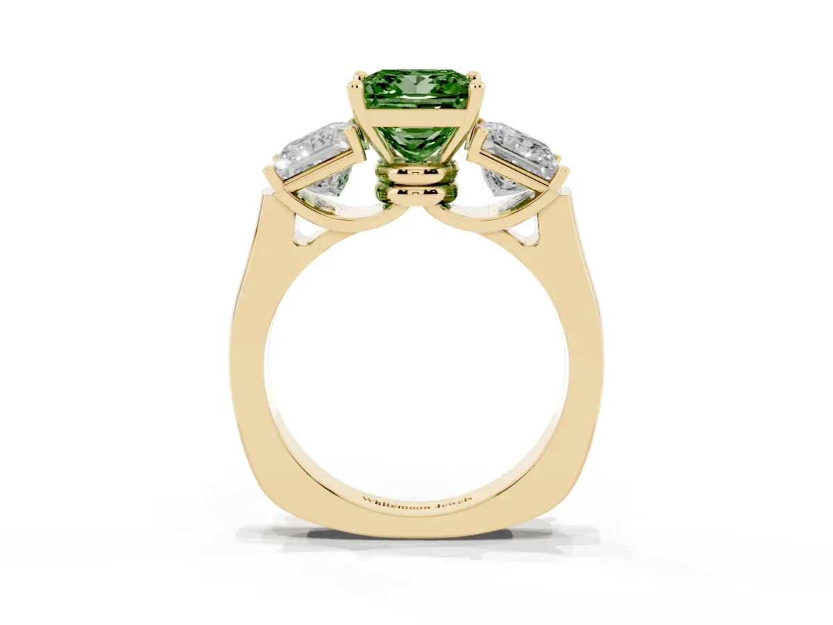 Fancy Green Three-Stone Princess Cut Brilliant Diamond Trellis Ring with Comfort Fit Band Yellow gold