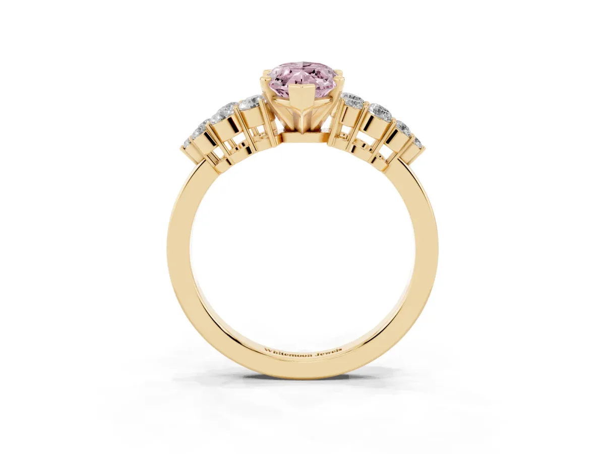 Fancy Pink Marquise Cut Cluster Diamond Engagement Ring with Pavé Band and Four-Prong Setting Yellow gold