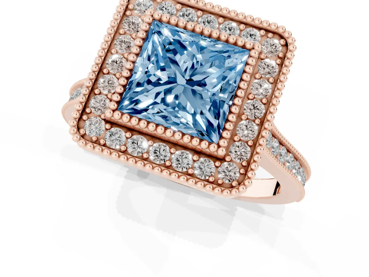 Fancy Blue Princess Cut Diamond Halo Ring with Milgrain Frame and Pavé Band Rose gold