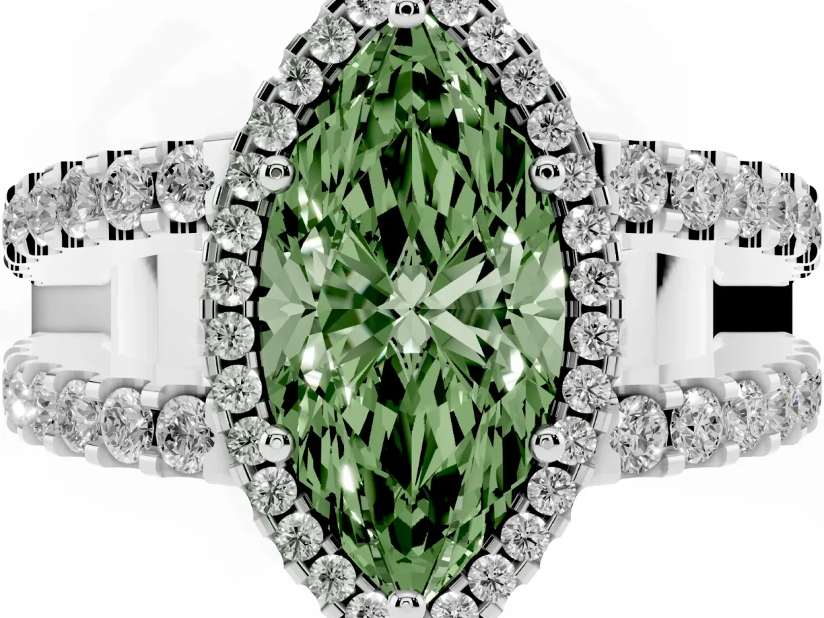 Fancy Green Marquise Cut Cut Halo Split Shank Diamond Ring with Four-Prong Setting Platinum