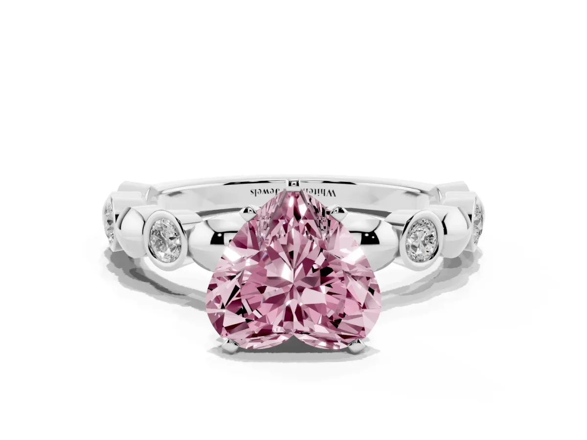 Fancy Pink Heart Cut Solitaire Bezel-Set Diamond Ring with Beaded Band and Four-Prong Setting Silver