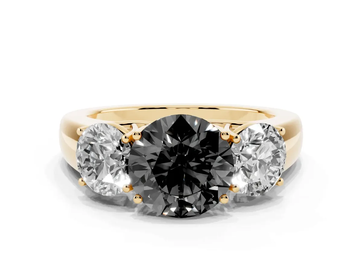 Fancy Black Three-Stone Round Cut Cut Diamond Ring with Prong Setting and Classic Band Yellow gold