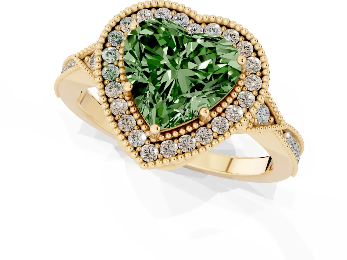 Fancy Green Heart Cut Halo Round Diamond Milgrain Pave Engagement Ring Yellow gold