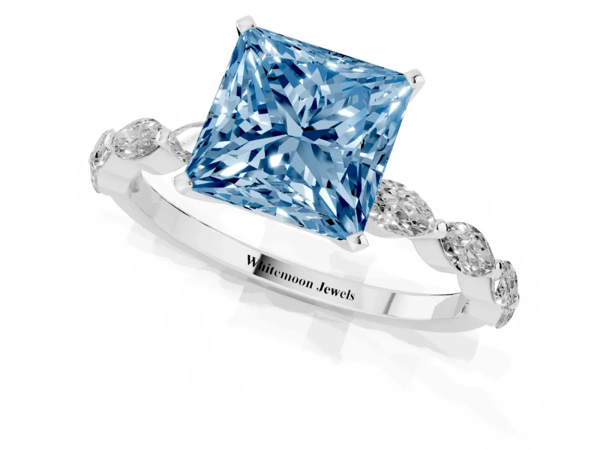 Fancy Blue Princess Cut Diamond Ring with Marquise Side Stones and Prong Setting White gold