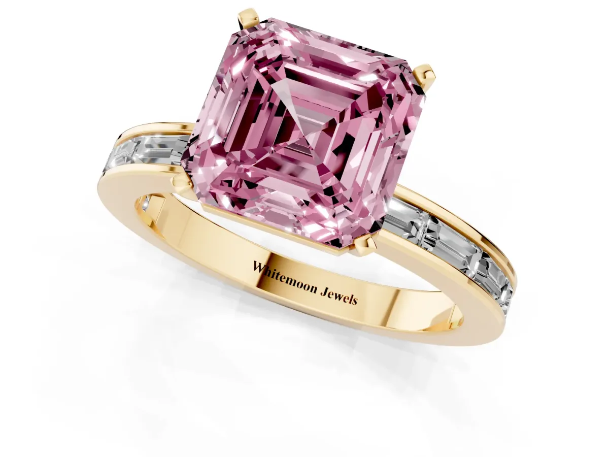 Fancy Pink Asscher Cut Solitaire Diamond Ring with Channel-Set Baguette Band and Four-Prong Setting Yellow gold