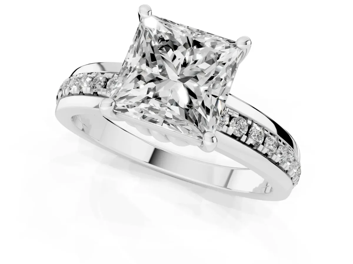 Princess Cut Solitaire Diamond Ring with Channel Set Band and Six-Prong Setting Silver