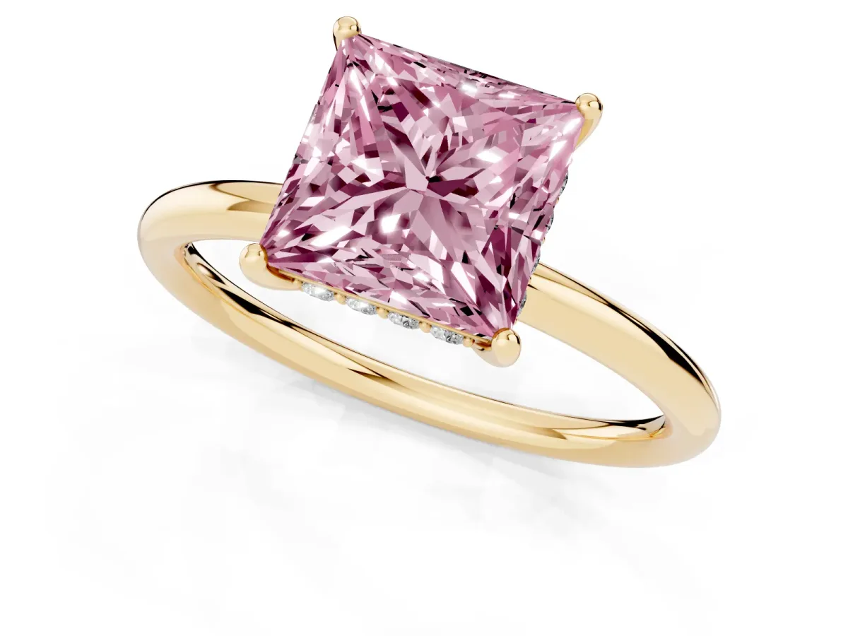 Fancy Pink Princess Cut Solitaire Diamond Ring with a Classic Band and Four-Prong Setting Yellow gold