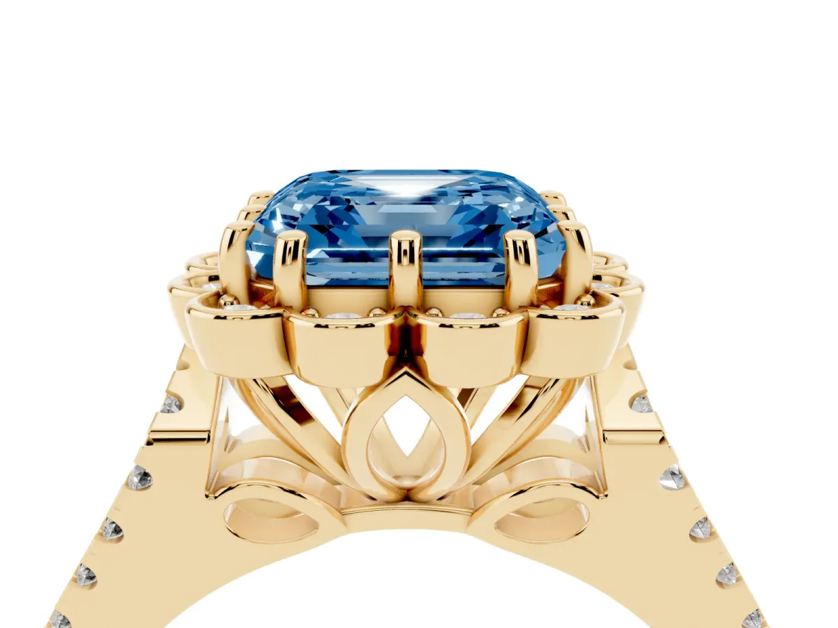 Fancy Blue Asscher Cut Halo Diamond Floral Split Shank Engagement Ring Yellow gold