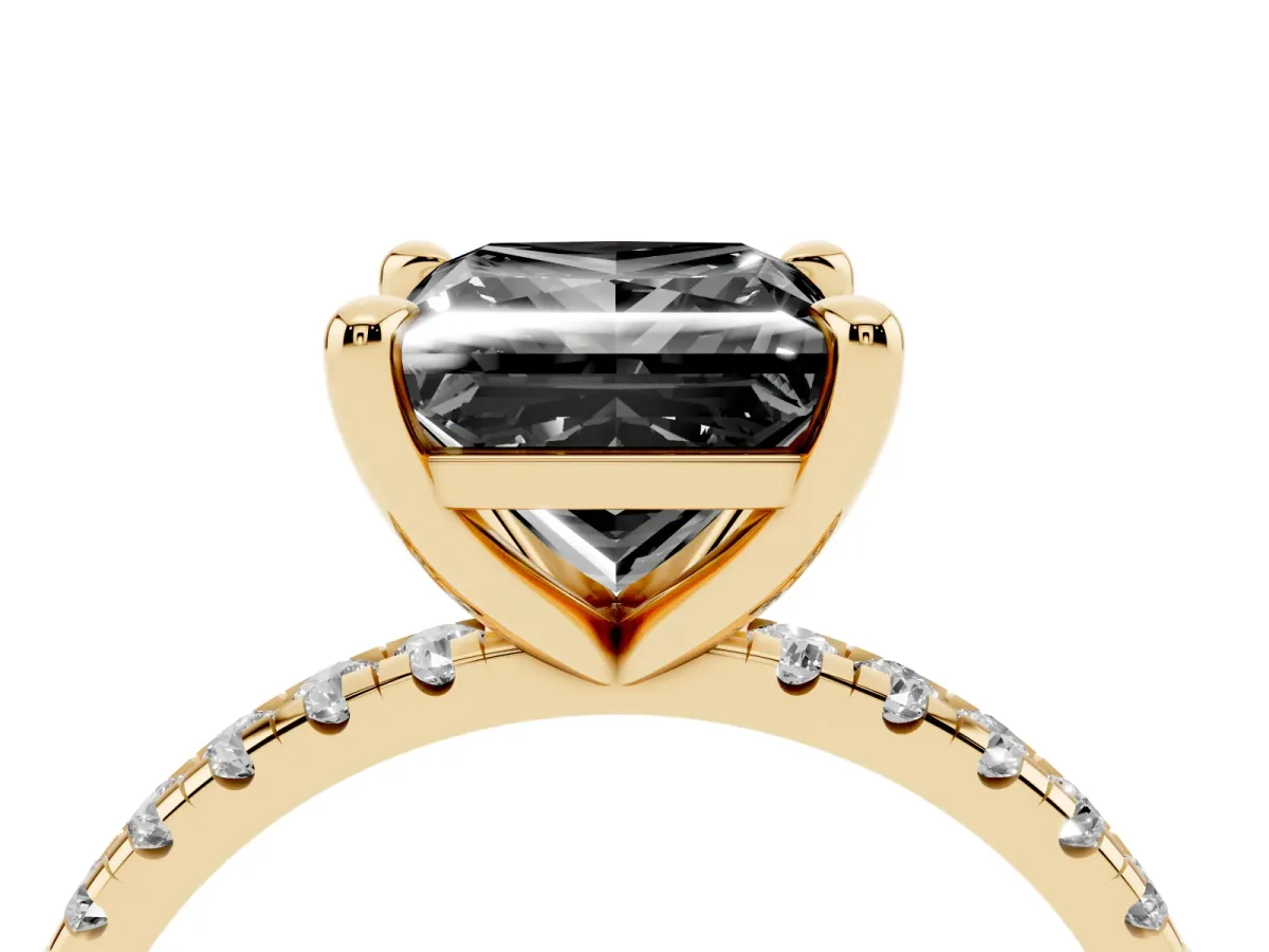 Fancy Black Princess Cut Diamond Brilliant Solitaire Ring with Pavé Band and Four-Prong Setting Yellow gold
