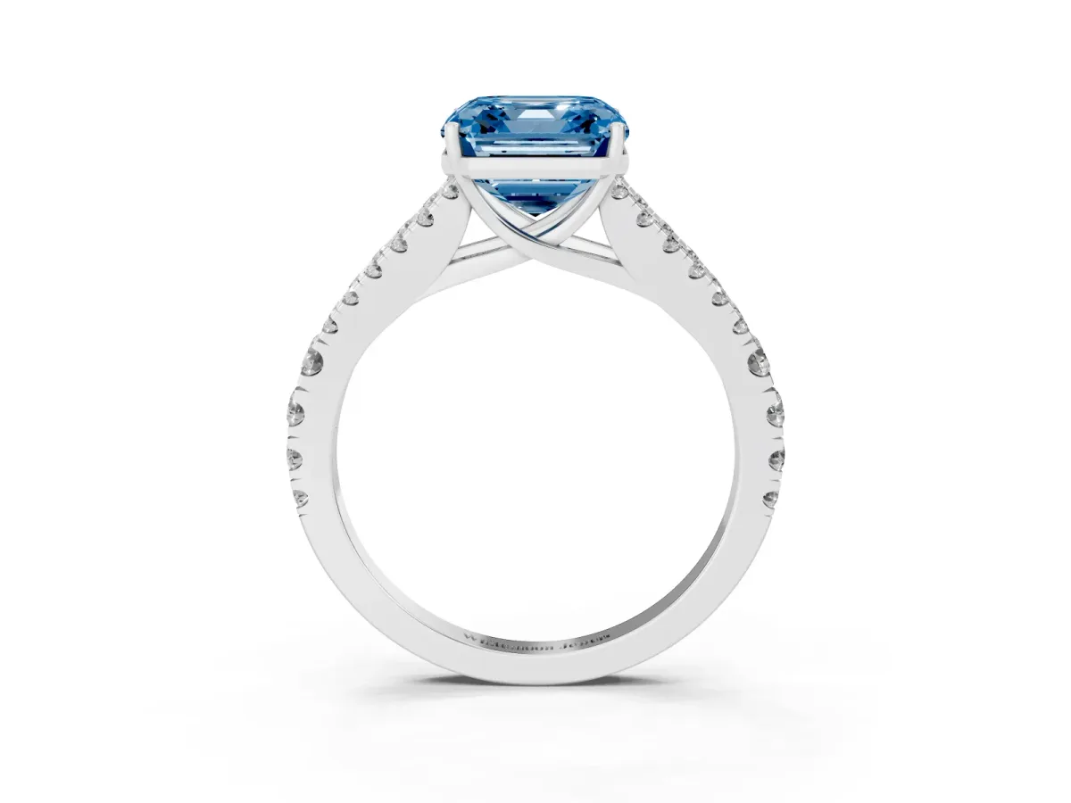 Fancy Blue Asscher Cut Diamond Split Shank Pavé Engagement Ring with Four-Prong Setting White gold