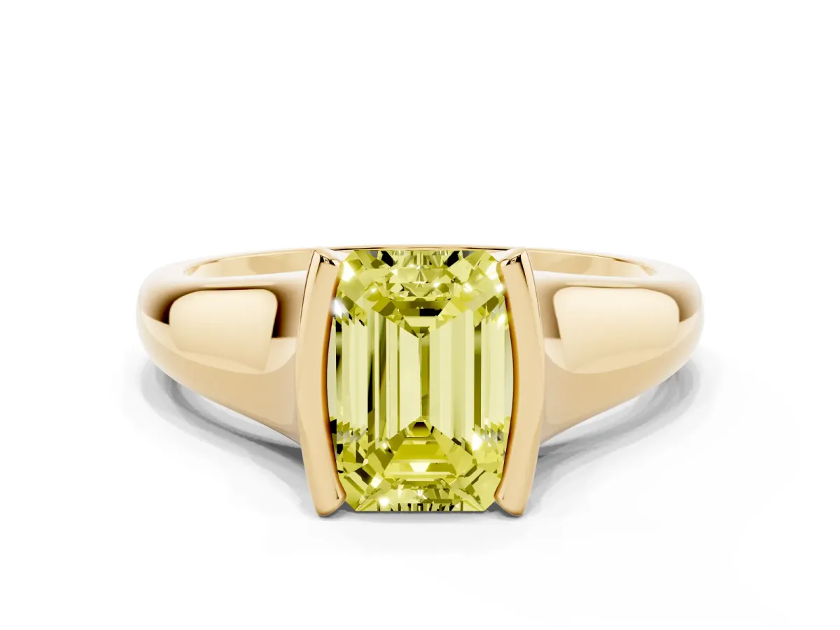 Fancy Yellow Emerald Cut Solitaire Tension Set Diamond Ring with Split Shank Band Yellow gold