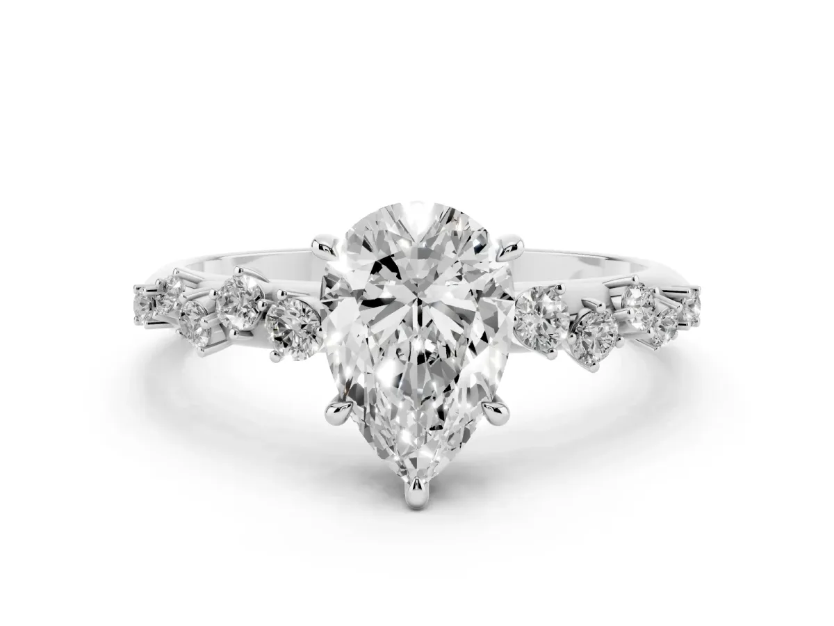 Pear Cut Diamond Cluster Side Stone Solitaire Ring with Prong Setting Silver