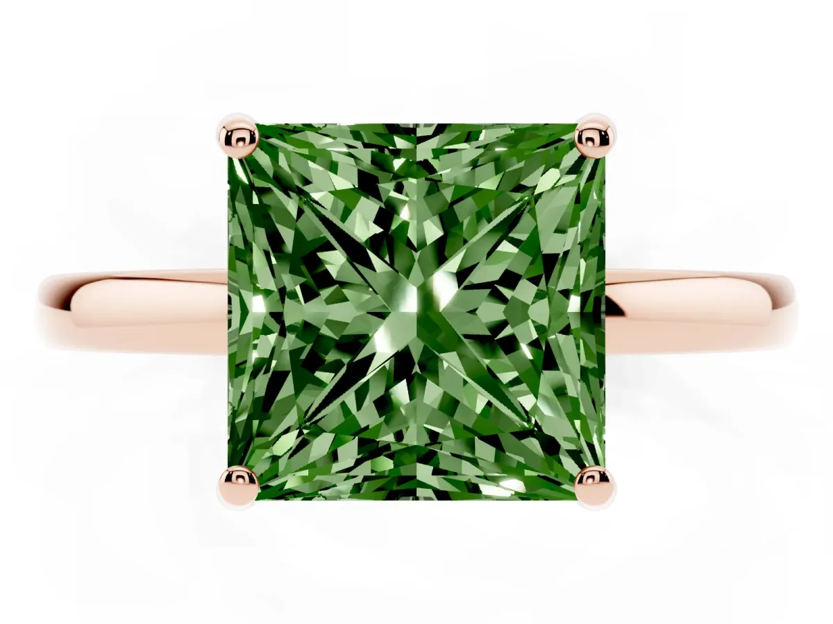 Fancy Green Princess Cut Solitaire Diamond Ring with Prong Setting and Plain Band Rose gold