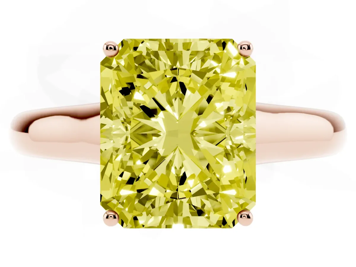 Fancy Yellow Radiant Cut Solitaire Engagement Ring with Tapered Band and Four-Prong Setting Rose gold